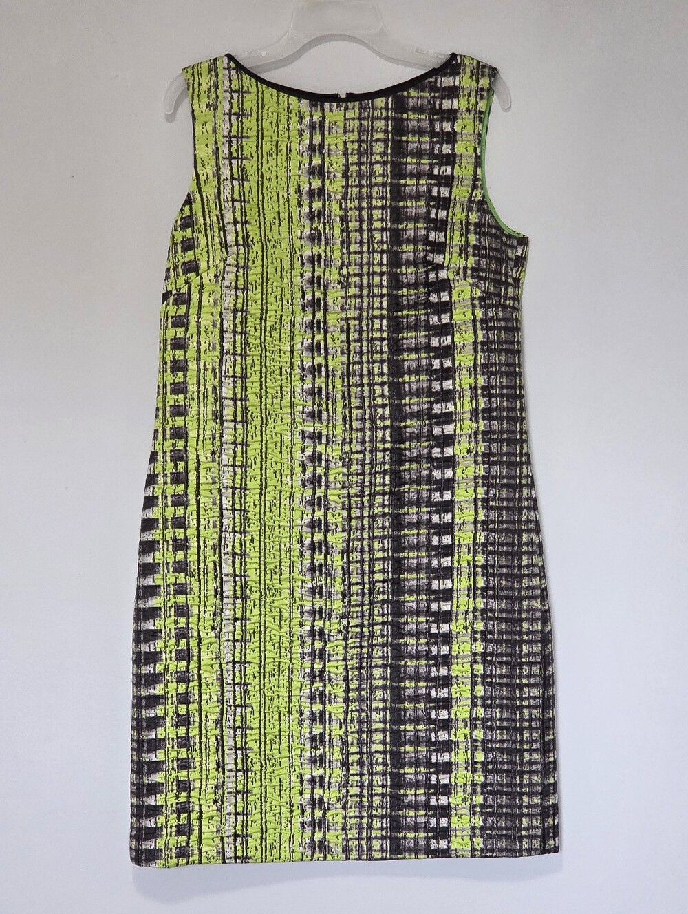 Elie Tahari Lime Green Black Shift Textured Abstract Dress Mini Mod Retro Sz 12